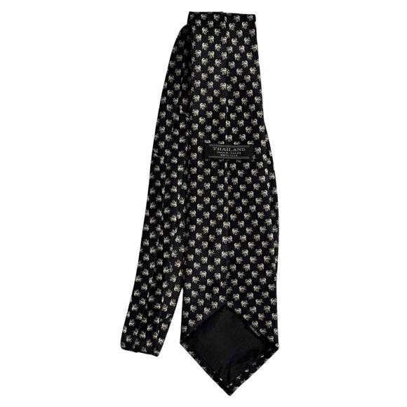 Thailand Men's Deep Navy Hand-Made 100% Silk Tie Elephant Print Eclectic Preppy - Picture 3 of 7